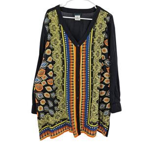 Ulla Popken Tunic Blouse Black Printed V-neck Button Down Long Sleeve Size 20/22